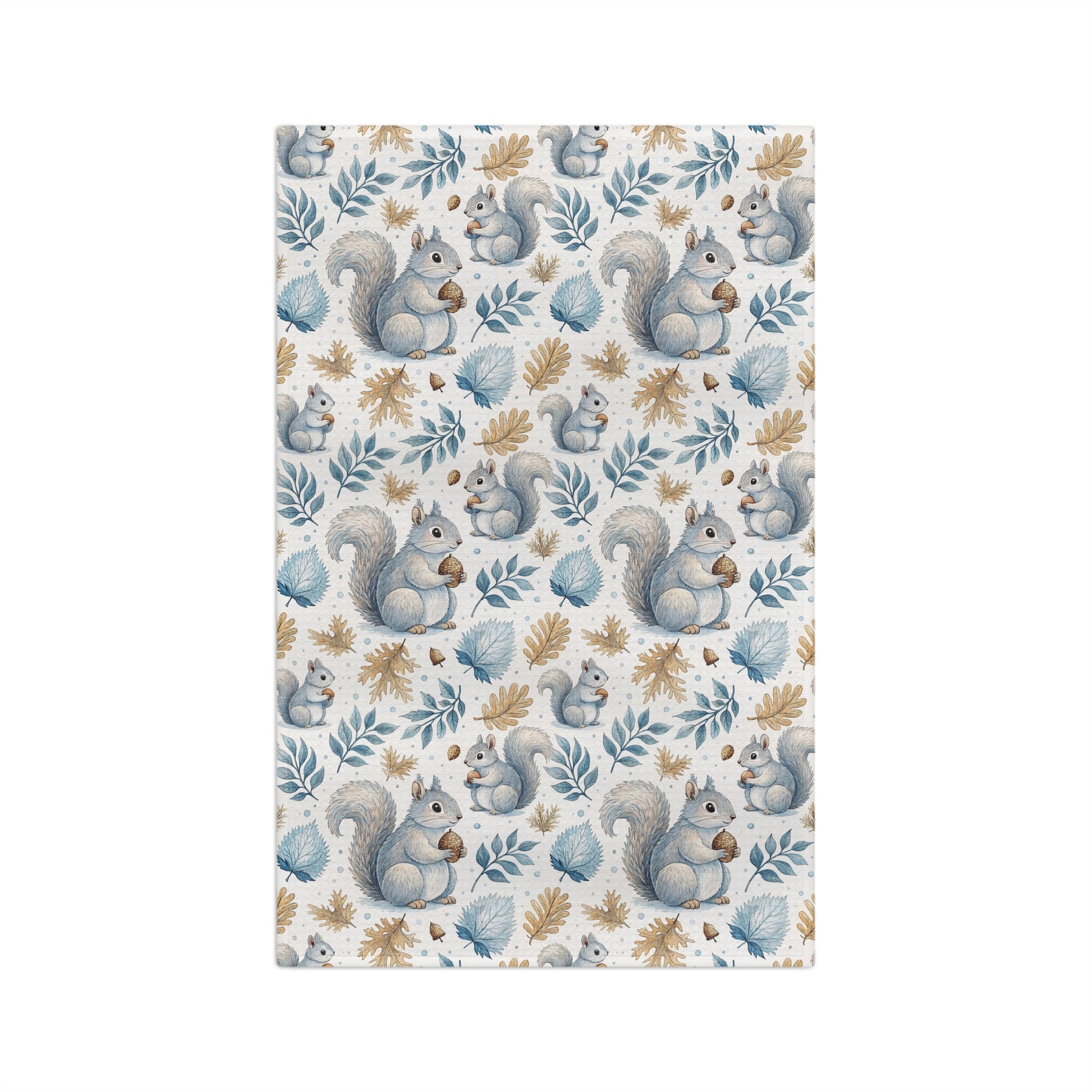 Microfiber tea towel with watercolor squirrels and autumn leaves in blues and ochres.