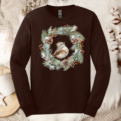 Winter Wren in Evergreen Wreath Long Sleeve Tee