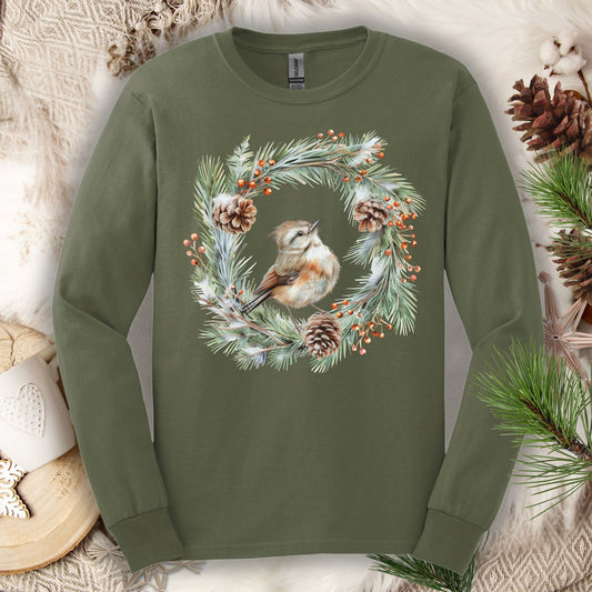 Winter Wren in Evergreen Wreath Long Sleeve Tee