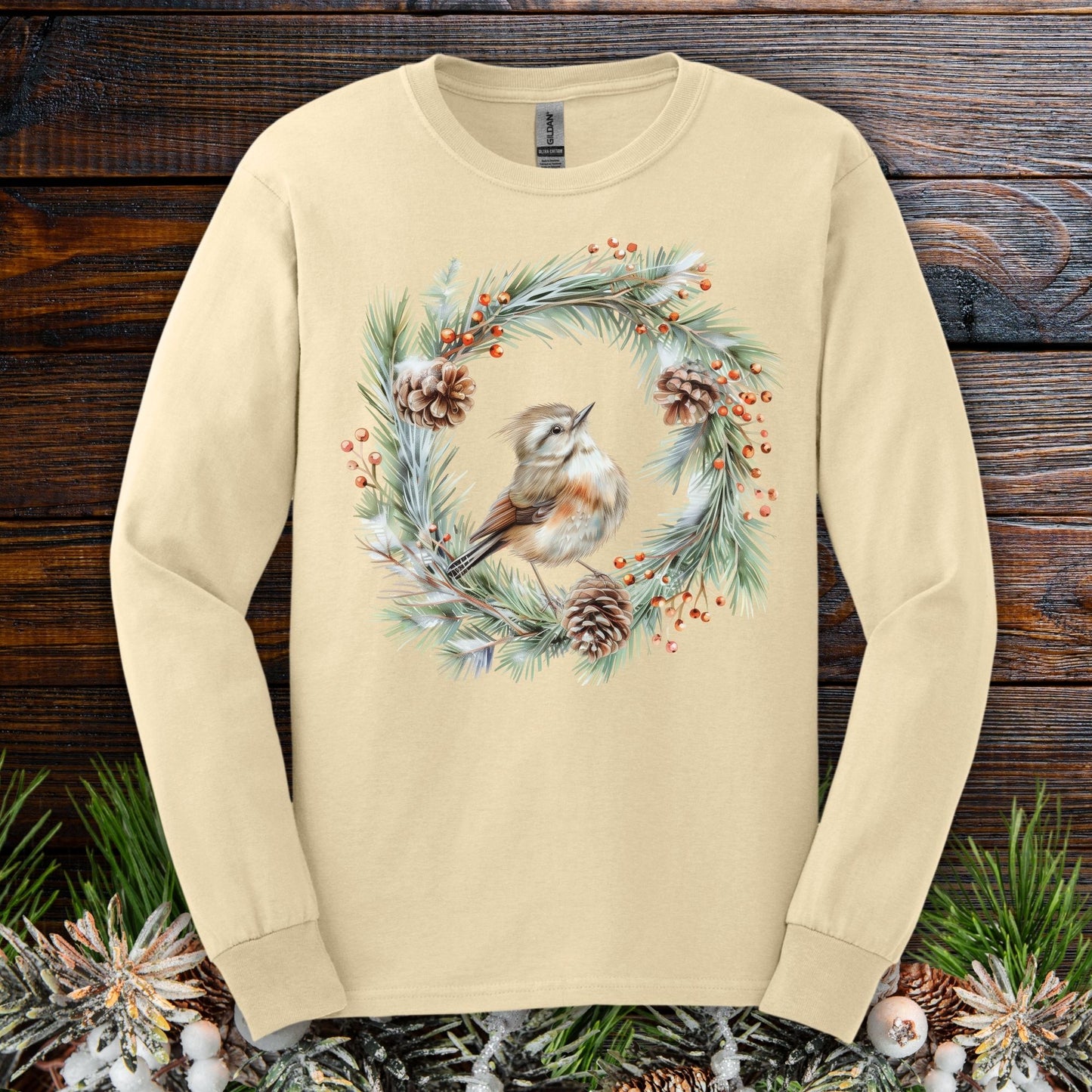 Winter Wren in Evergreen Wreath Long Sleeve Tee