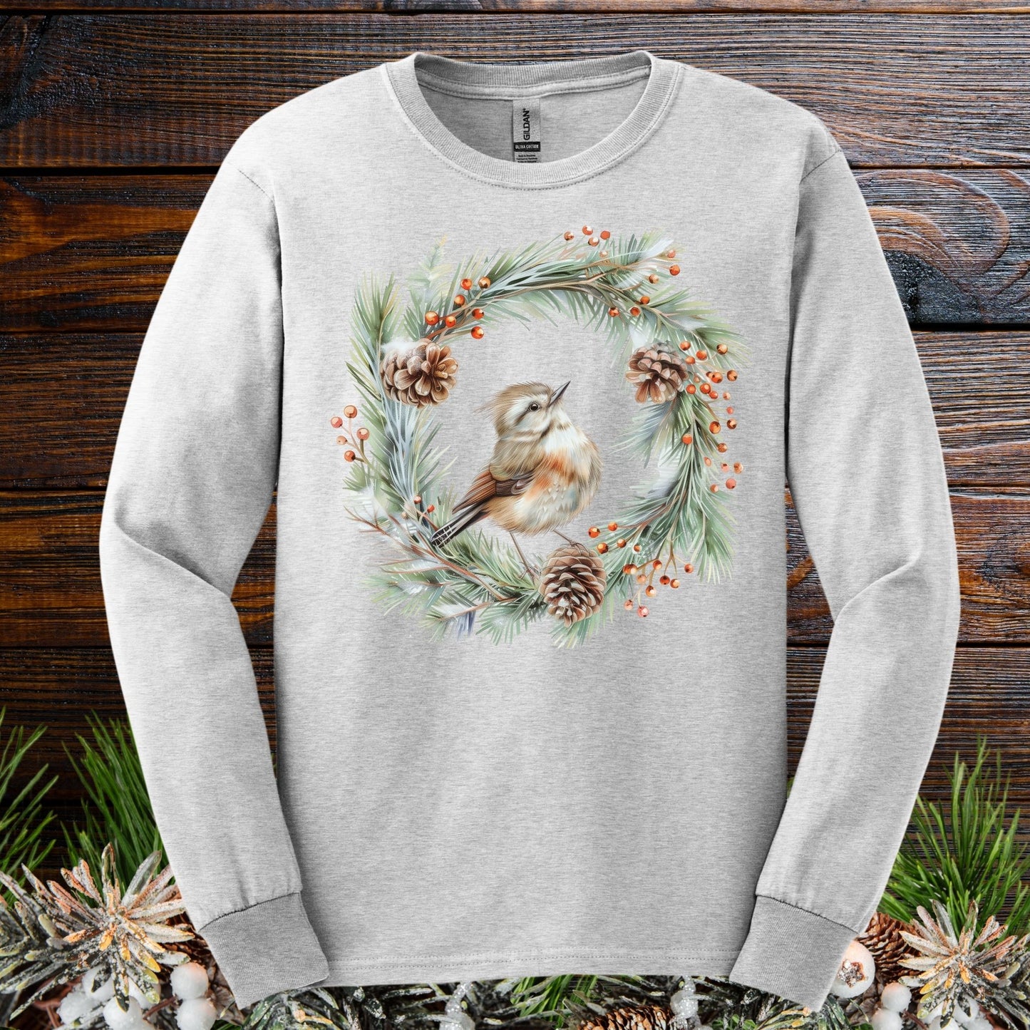 Winter Wren in Evergreen Wreath Long Sleeve Tee