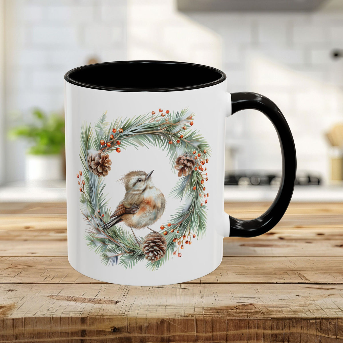 Winter Wren in Evergreen Wreath Mug (11/15oz)