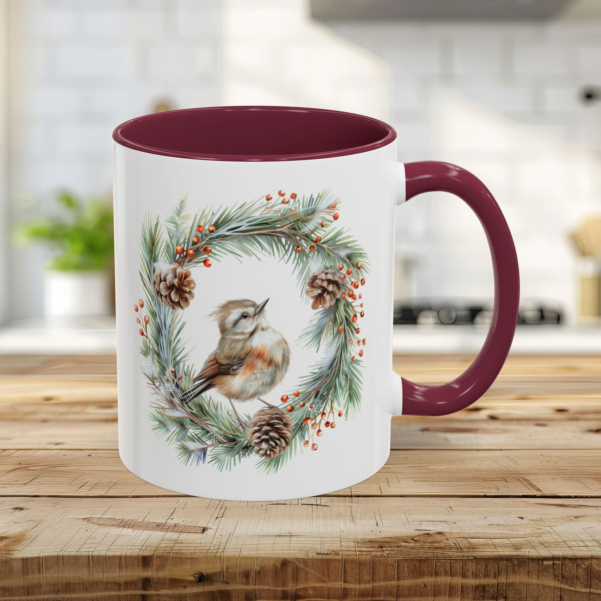 Winter Wren in Evergreen Wreath Mug (11/15oz)