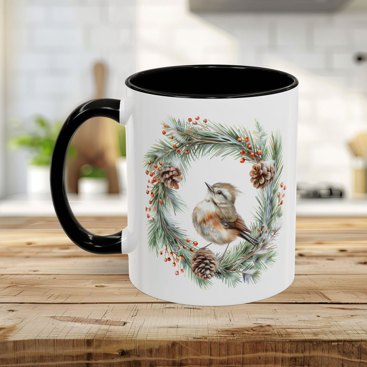 Winter Wren in Evergreen Wreath Mug (11/15oz)