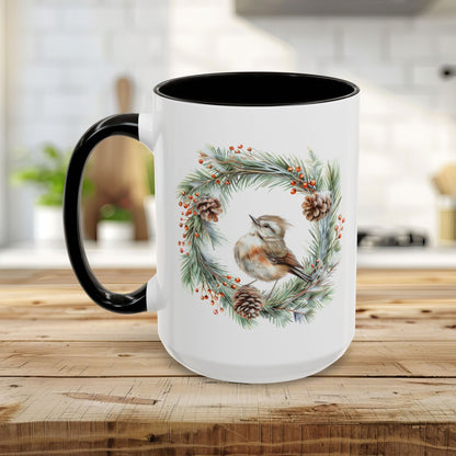 Winter Wren in Evergreen Wreath Mug (11/15oz)