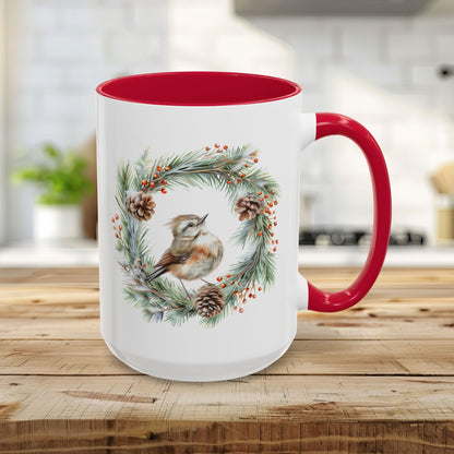 Winter Wren in Evergreen Wreath Mug (11/15oz)