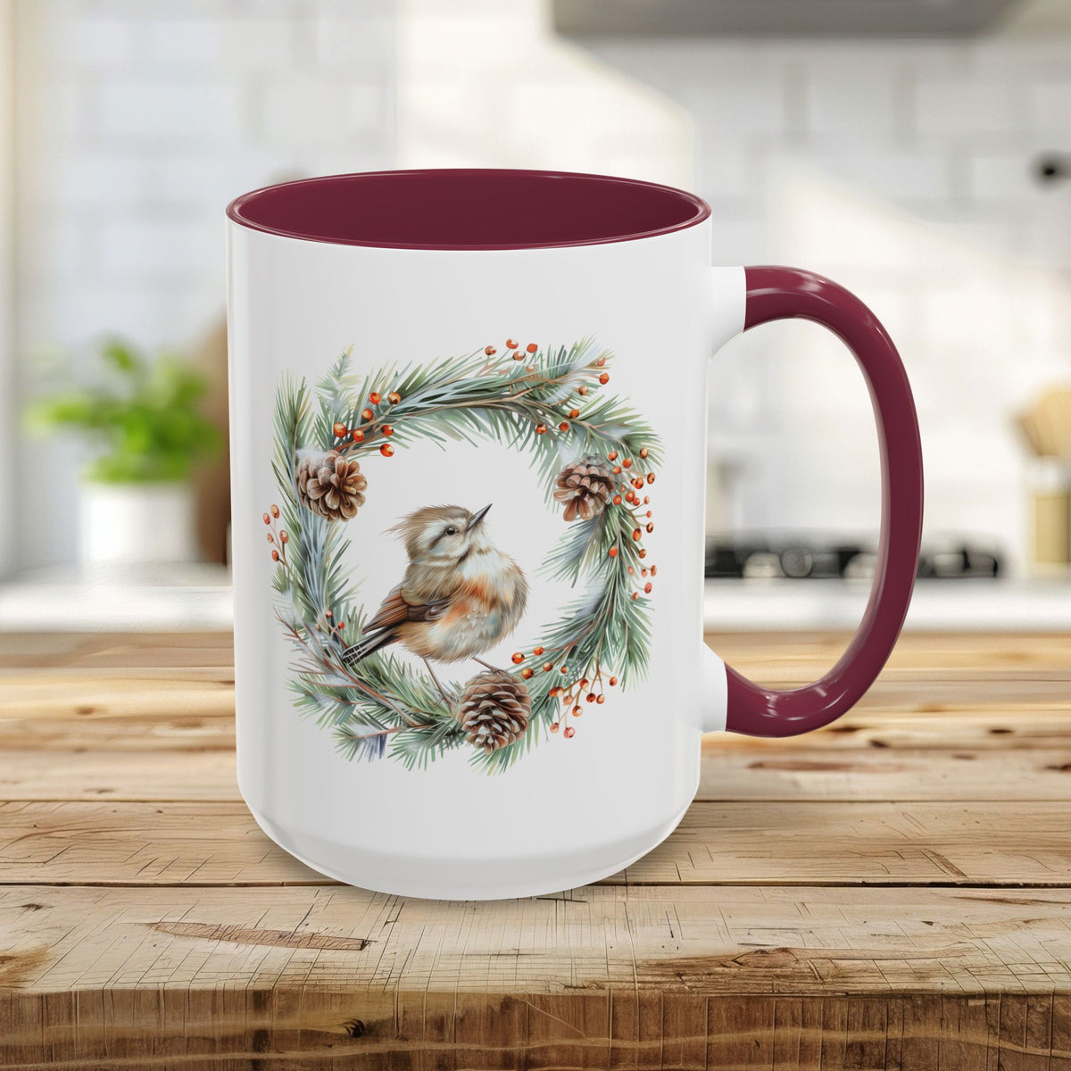 Winter Wren in Evergreen Wreath Mug (11/15oz)