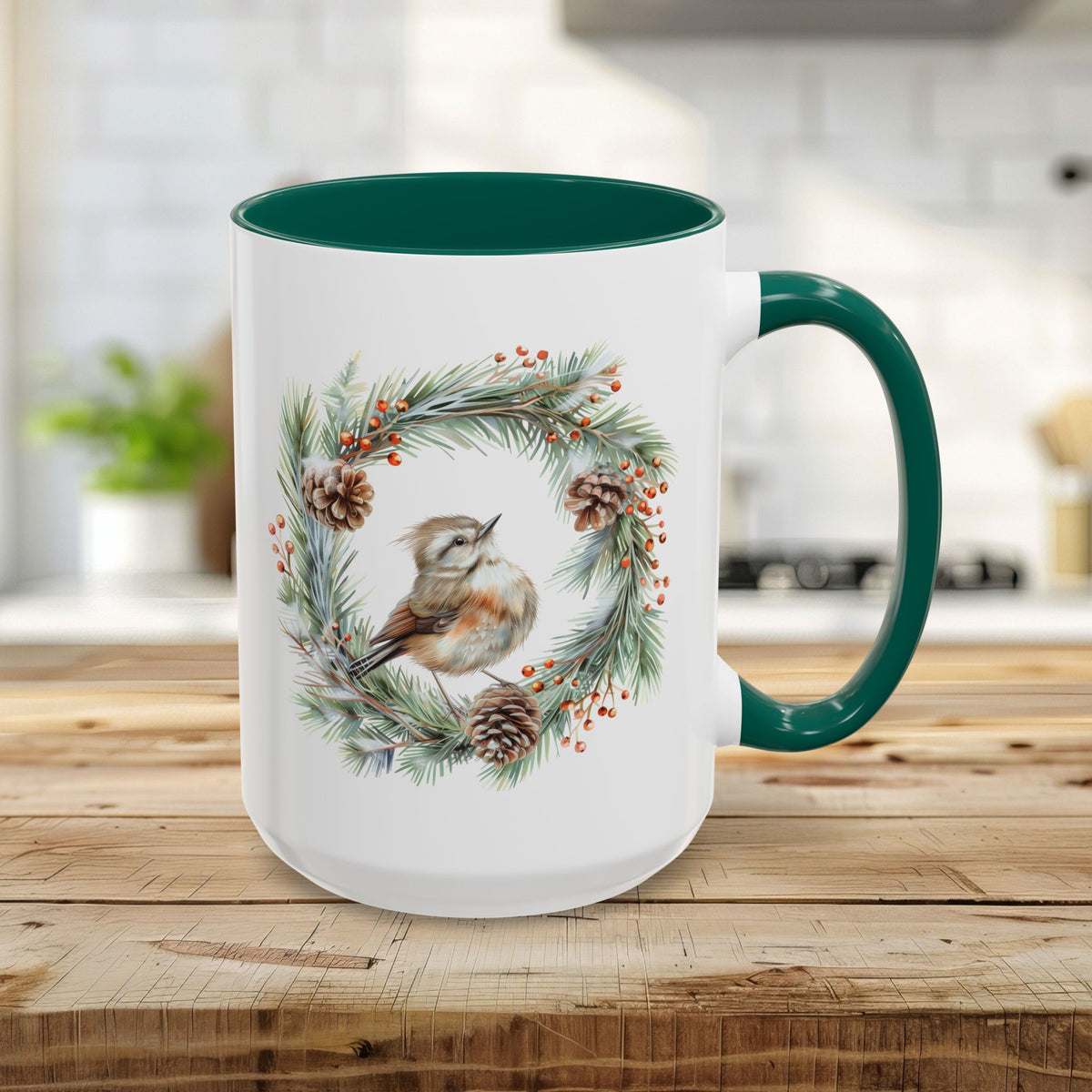 Winter Wren in Evergreen Wreath Mug (11/15oz)