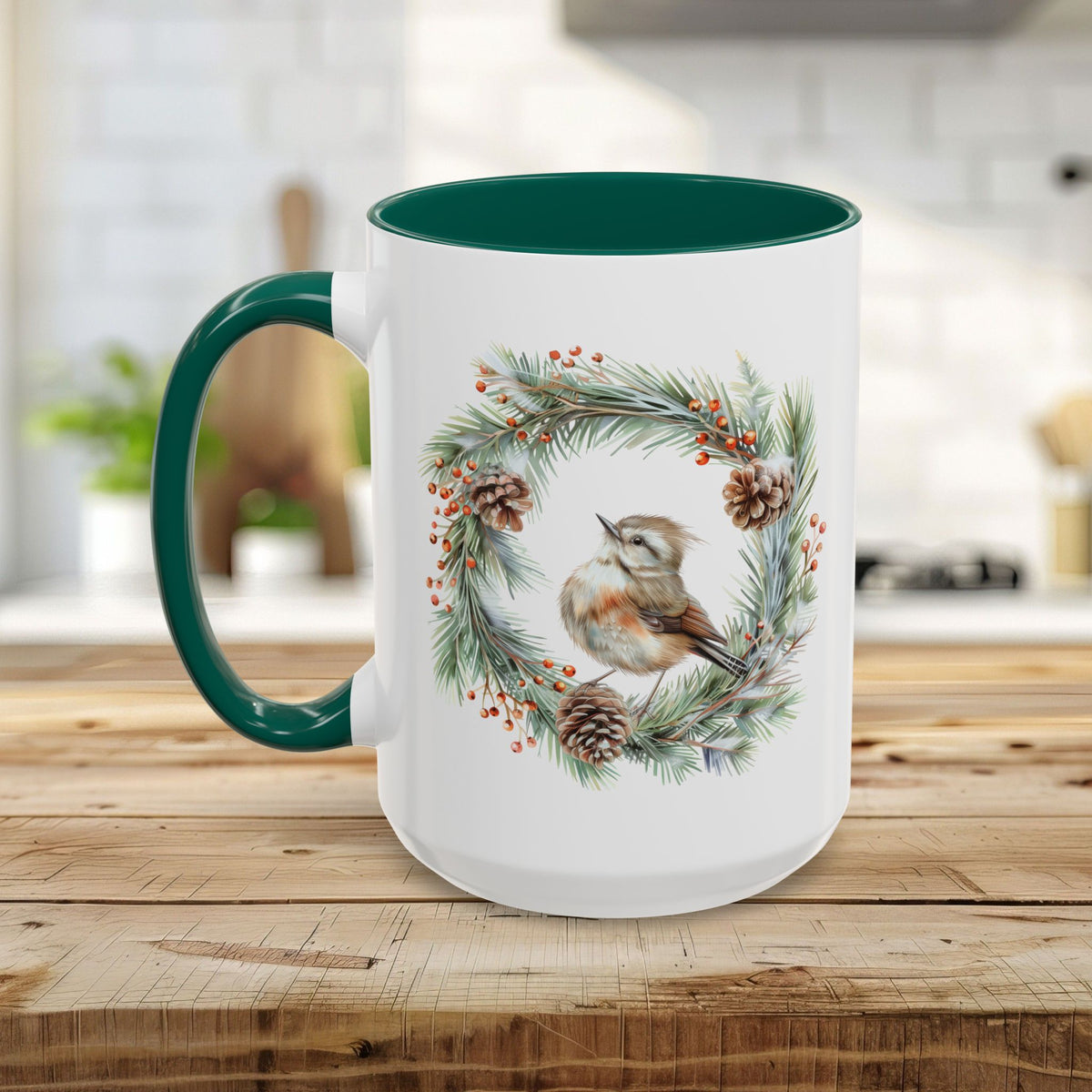 Winter Wren in Evergreen Wreath Mug (11/15oz)