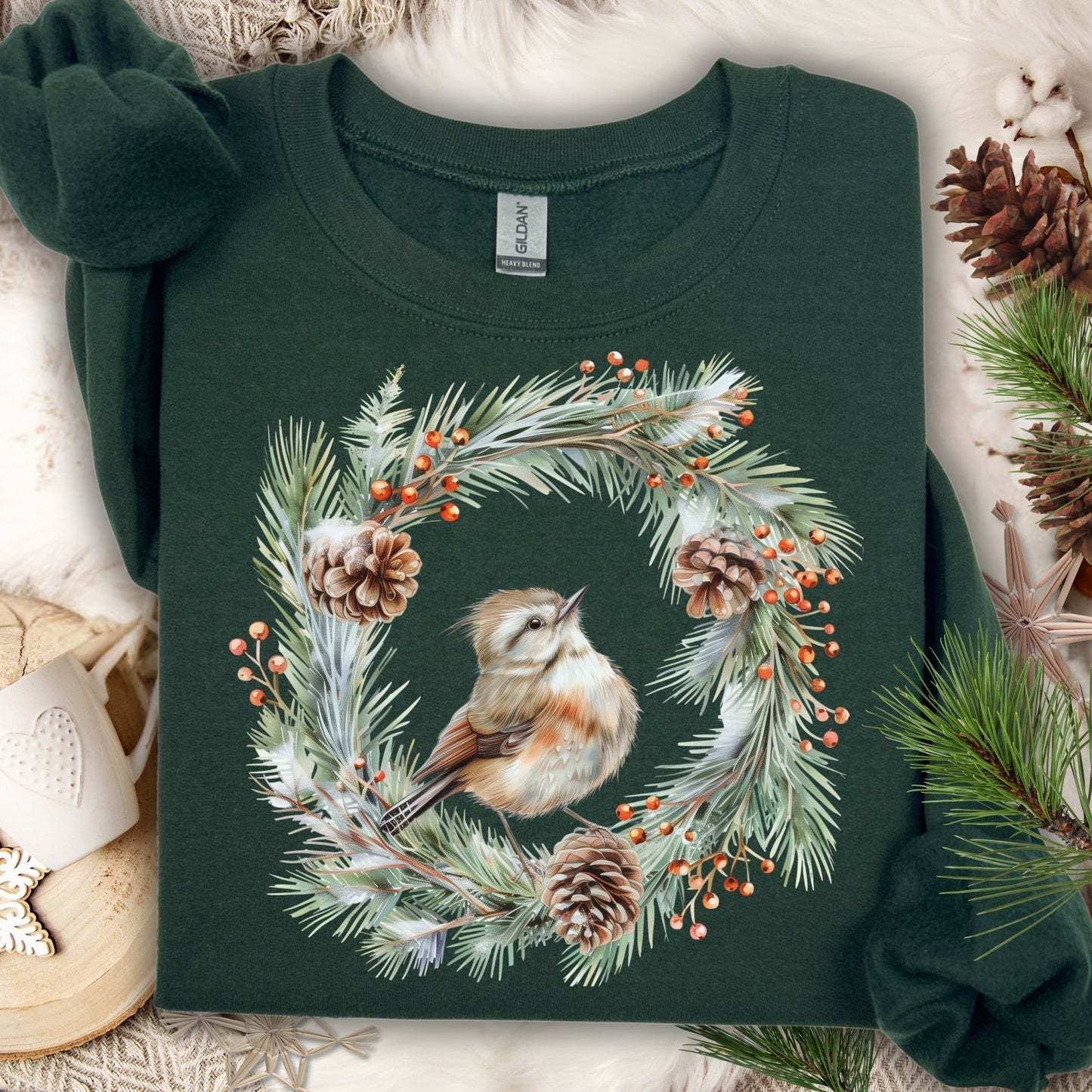 Forest Green S sweatshirt with watercolor wren in evergreen wreath, pinecones, and berries.