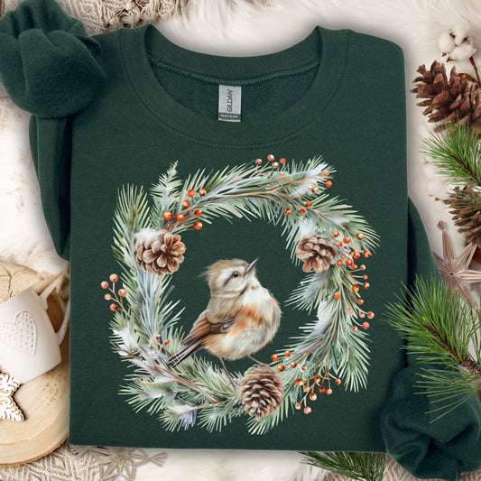 Winter Wren in Evergreen Wreath Sweatshirt