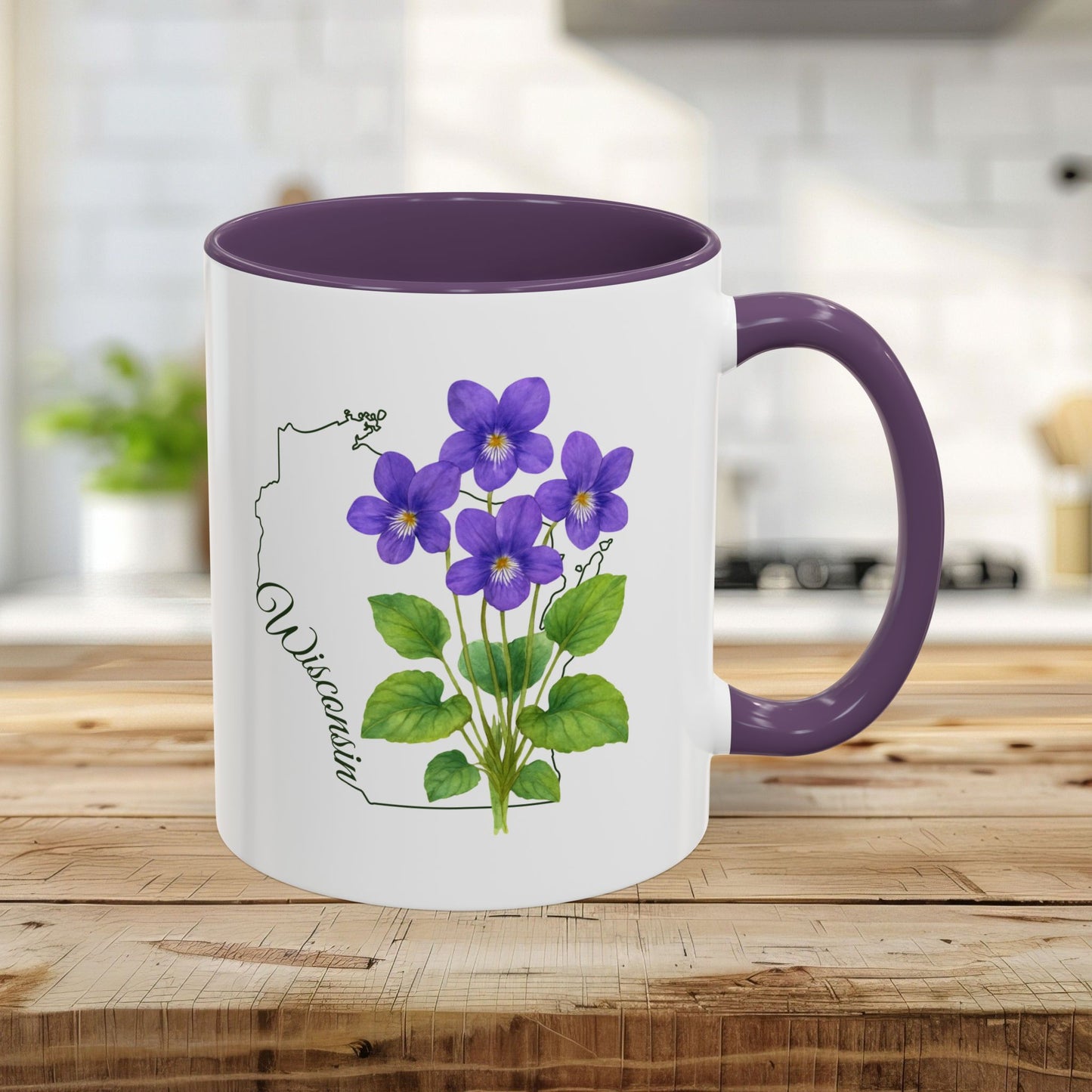 White ceramic mug with purple interior and handle, featuring watercolor wood violets and a Wisconsin outline.
