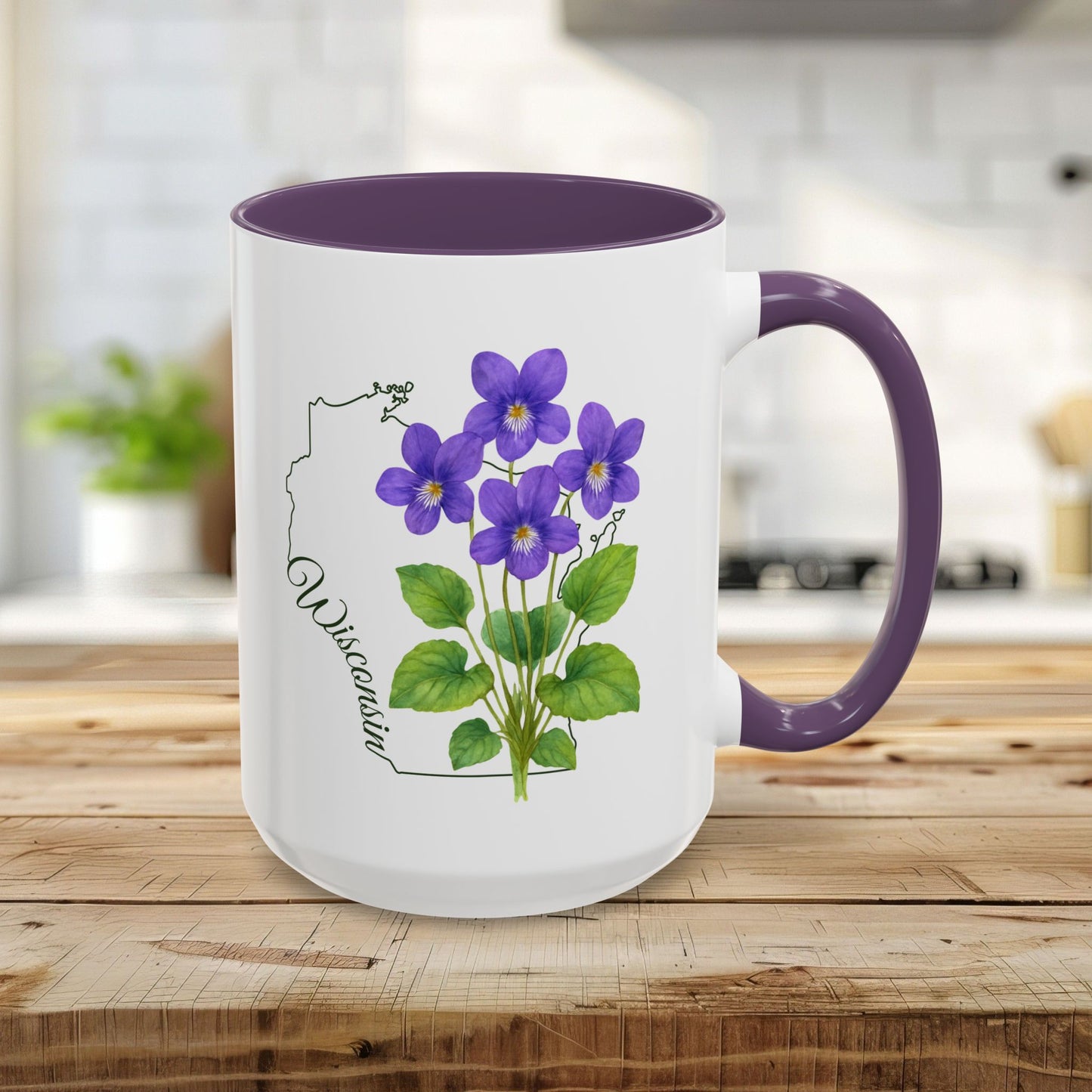 White 15oz ceramic mug with purple interior and handle, featuring watercolor wood violets and Wisconsin outline.