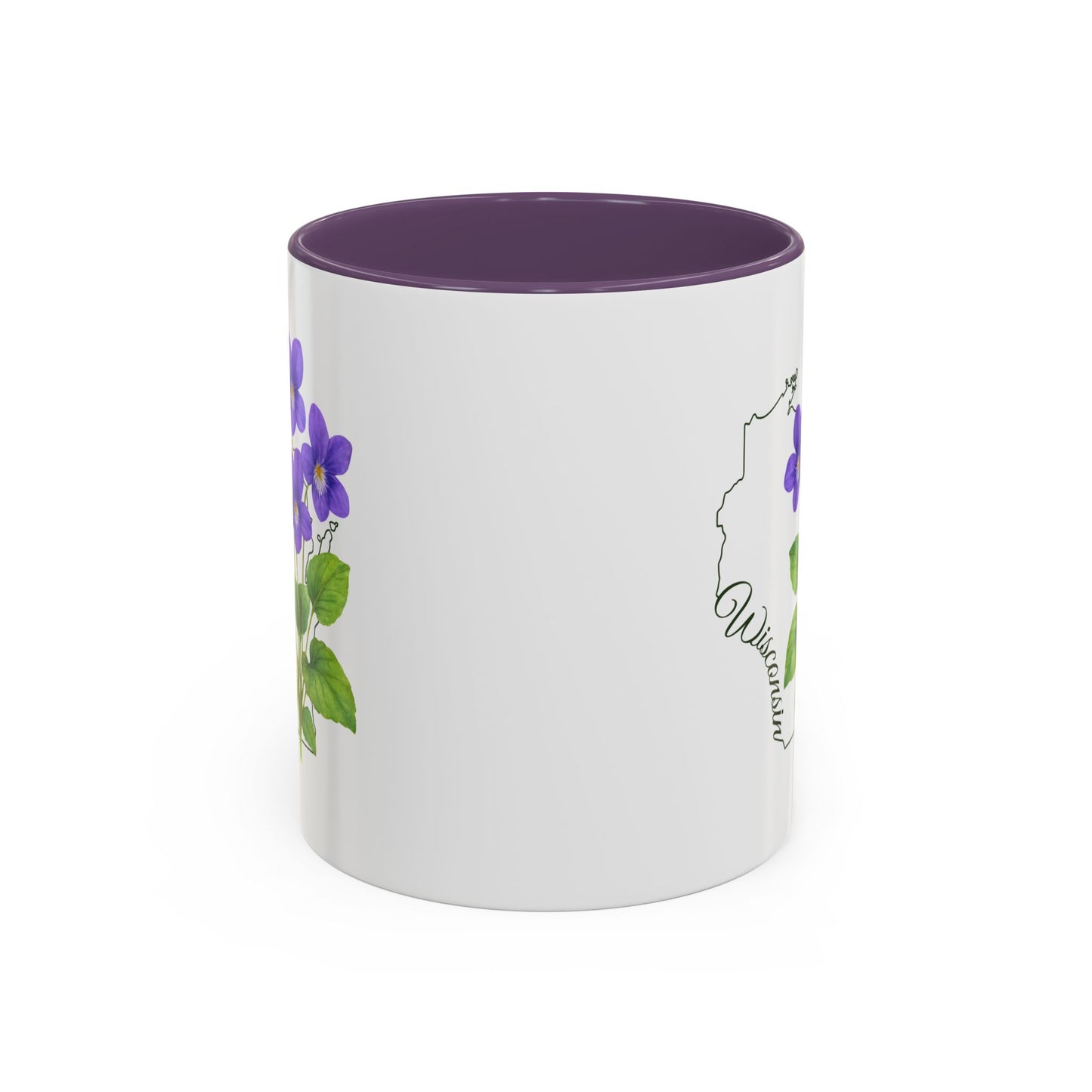 White ceramic mug with purple interior and handle, featuring watercolor wood violets and a Wisconsin outline.