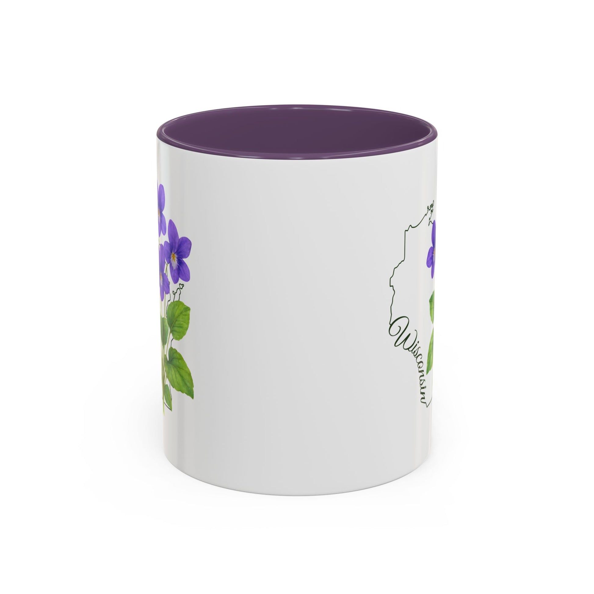 White ceramic mug with purple interior and handle, featuring watercolor wood violets and a Wisconsin outline.