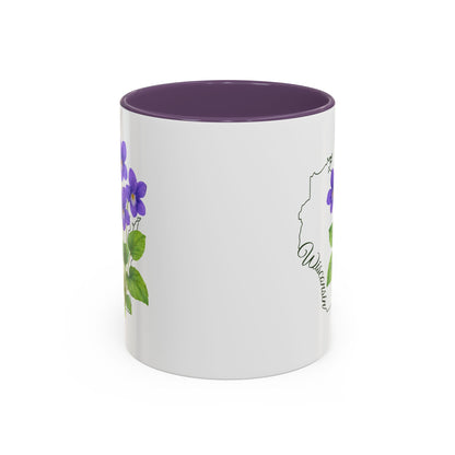 White ceramic mug with purple interior and handle, featuring watercolor wood violets and a Wisconsin outline.