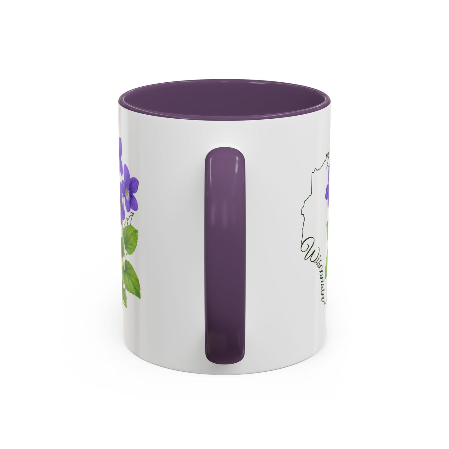 White ceramic mug with purple interior and handle, featuring a watercolor wood violet and Wisconsin outline.