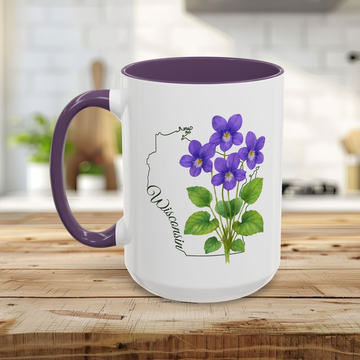 White ceramic mug with purple interior and handle, featuring watercolor wood violets and a Wisconsin outline.