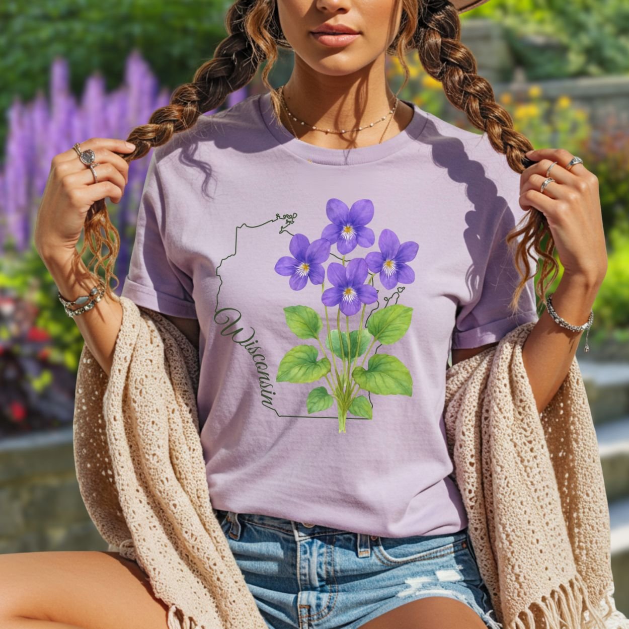 Garment-dyed lavender t-shirt with a watercolor wood violet design and a subtle Wisconsin outline.