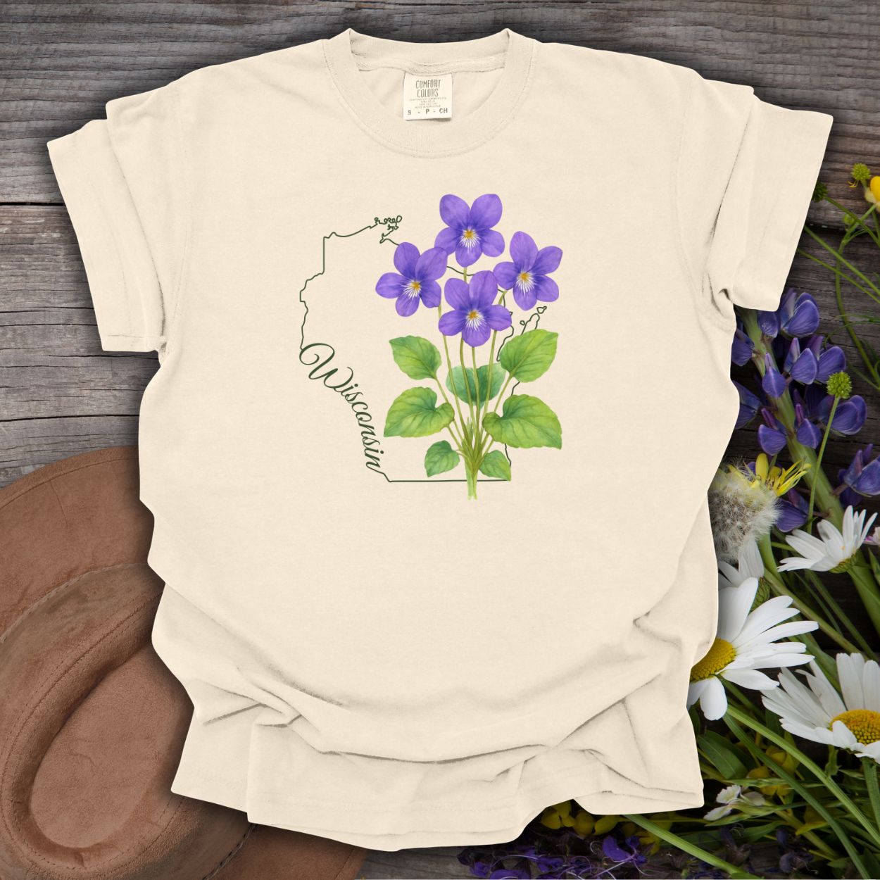 Ivory S-size garment-dyed cotton t-shirt with a watercolor wood violet design and Wisconsin outline.