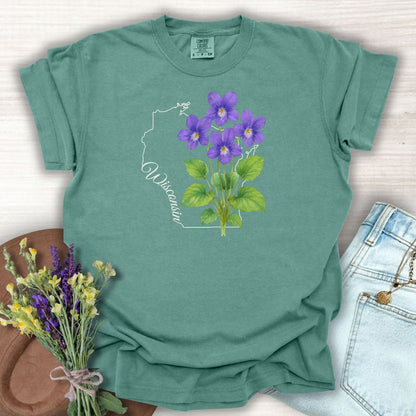 Light green, relaxed-fit cotton t-shirt with a watercolor wood violet design and Wisconsin state outline.