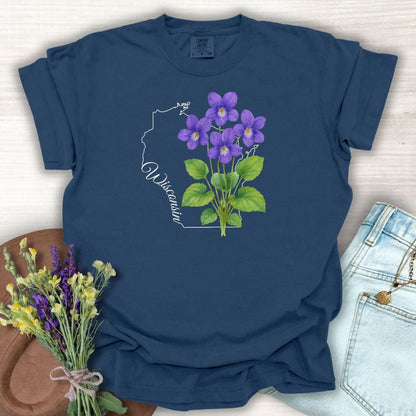 True Navy S-size garment-dyed cotton t-shirt with a watercolor wood violet design and Wisconsin outline.
