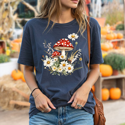 Relaxed-fit, garment-dyed navy t-shirt with a vintage floral mushroom and daisy illustration.