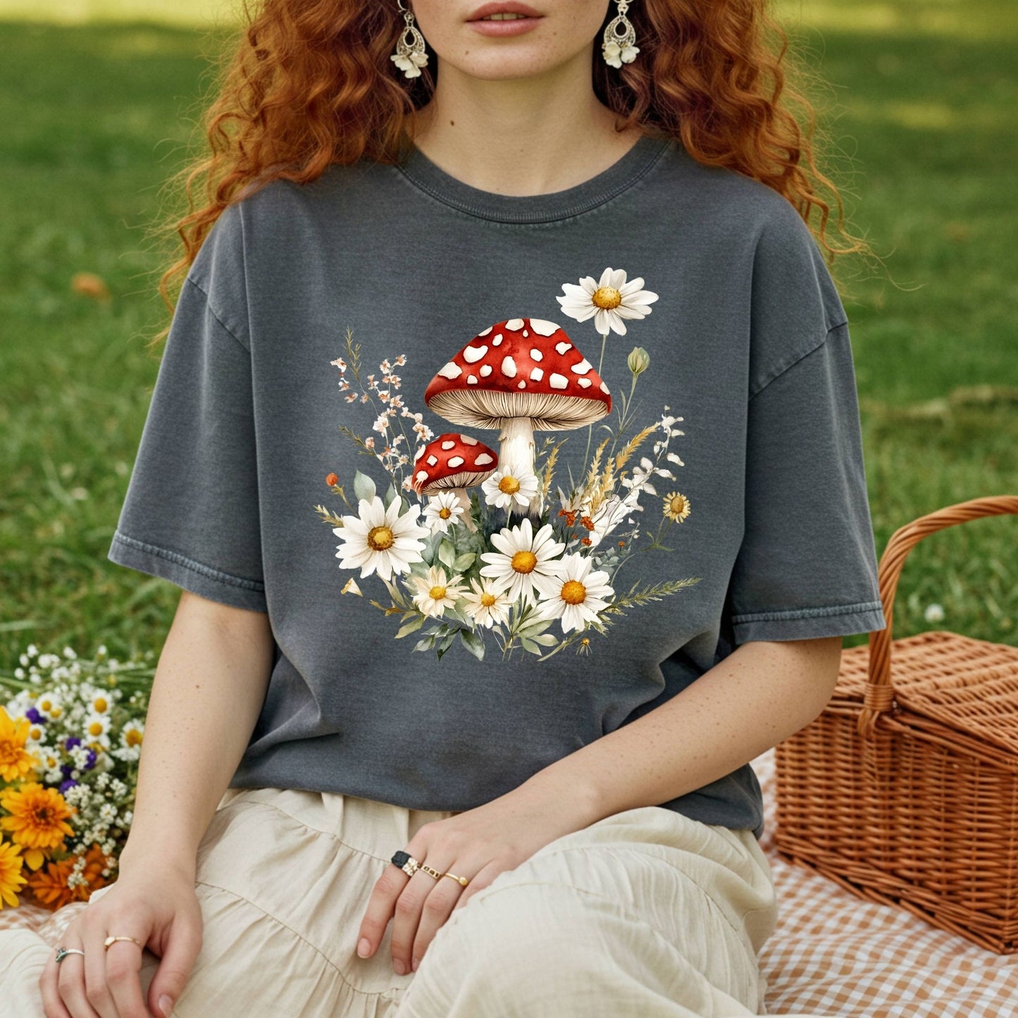 Garment-dyed charcoal t-shirt with a vintage red mushroom and white floral illustration.