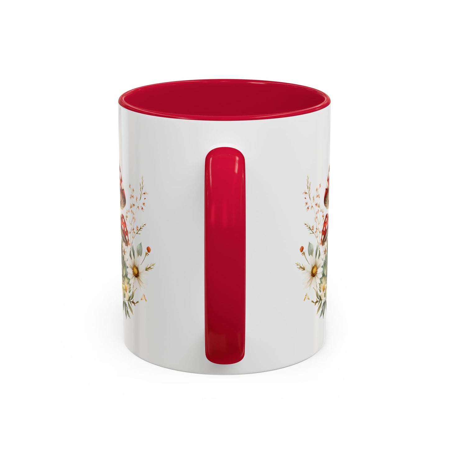 White ceramic mug with red interior and handle, featuring watercolor woodland mushrooms and daisies.