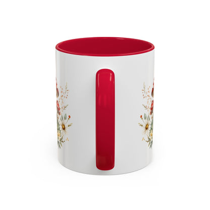 White ceramic mug with red interior and handle, featuring watercolor woodland mushrooms and daisies.