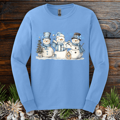 Woodland Snowmen with Birds Watercolor Long Sleeve Tee