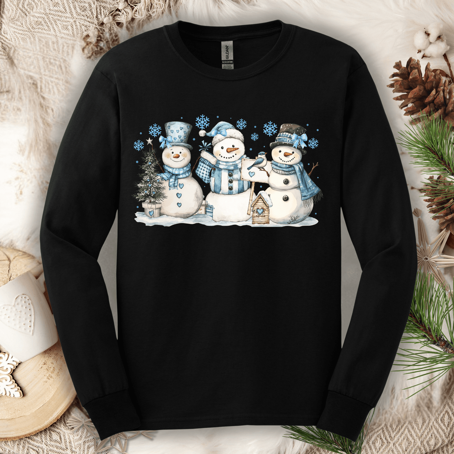 Woodland Snowmen with Birds Watercolor Long Sleeve Tee
