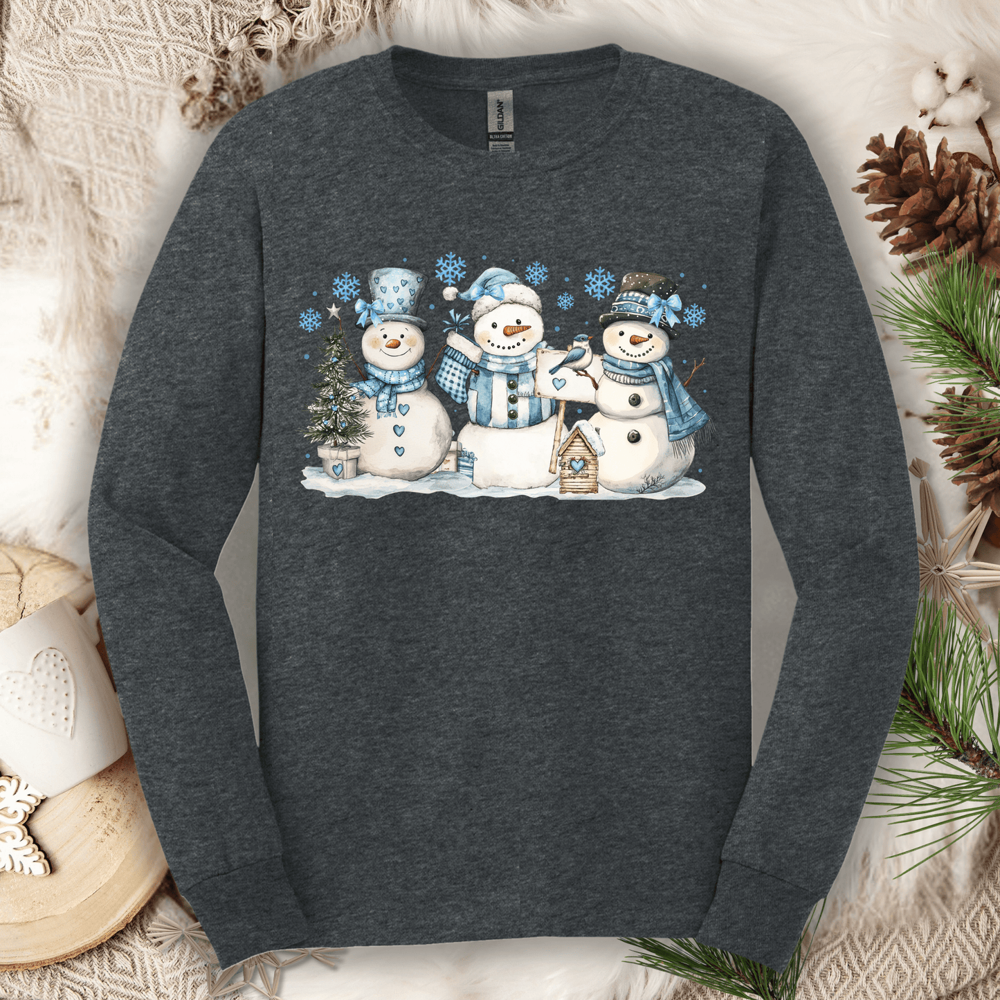 Woodland Snowmen with Birds Watercolor Long Sleeve Tee