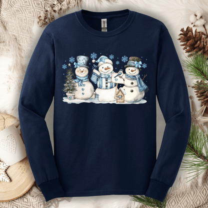 Woodland Snowmen with Birds Watercolor Long Sleeve Tee
