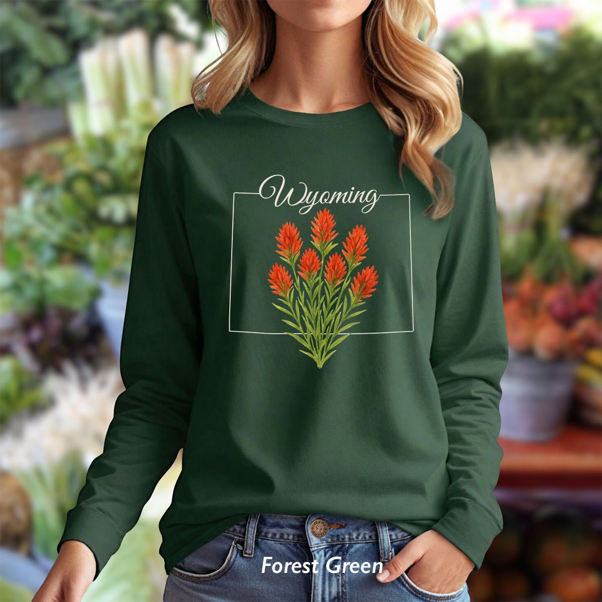 Wyoming State Flower Long Sleeve Tee - Indian Paintbrush