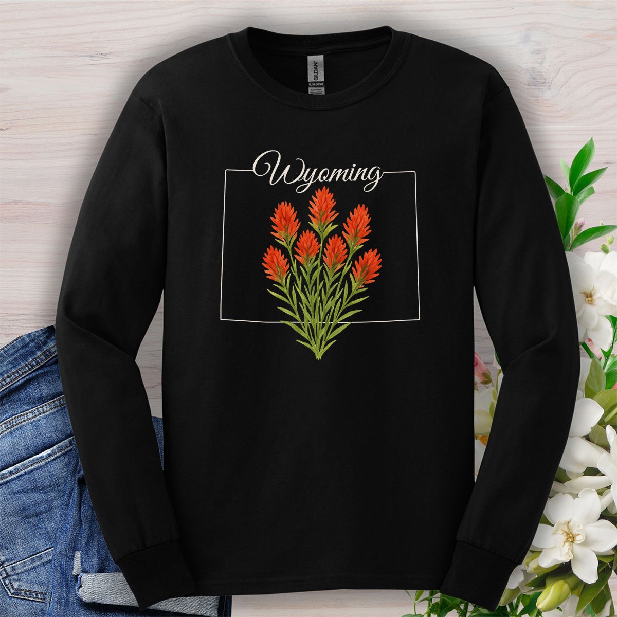 Wyoming State Flower Long Sleeve Tee - Indian Paintbrush
