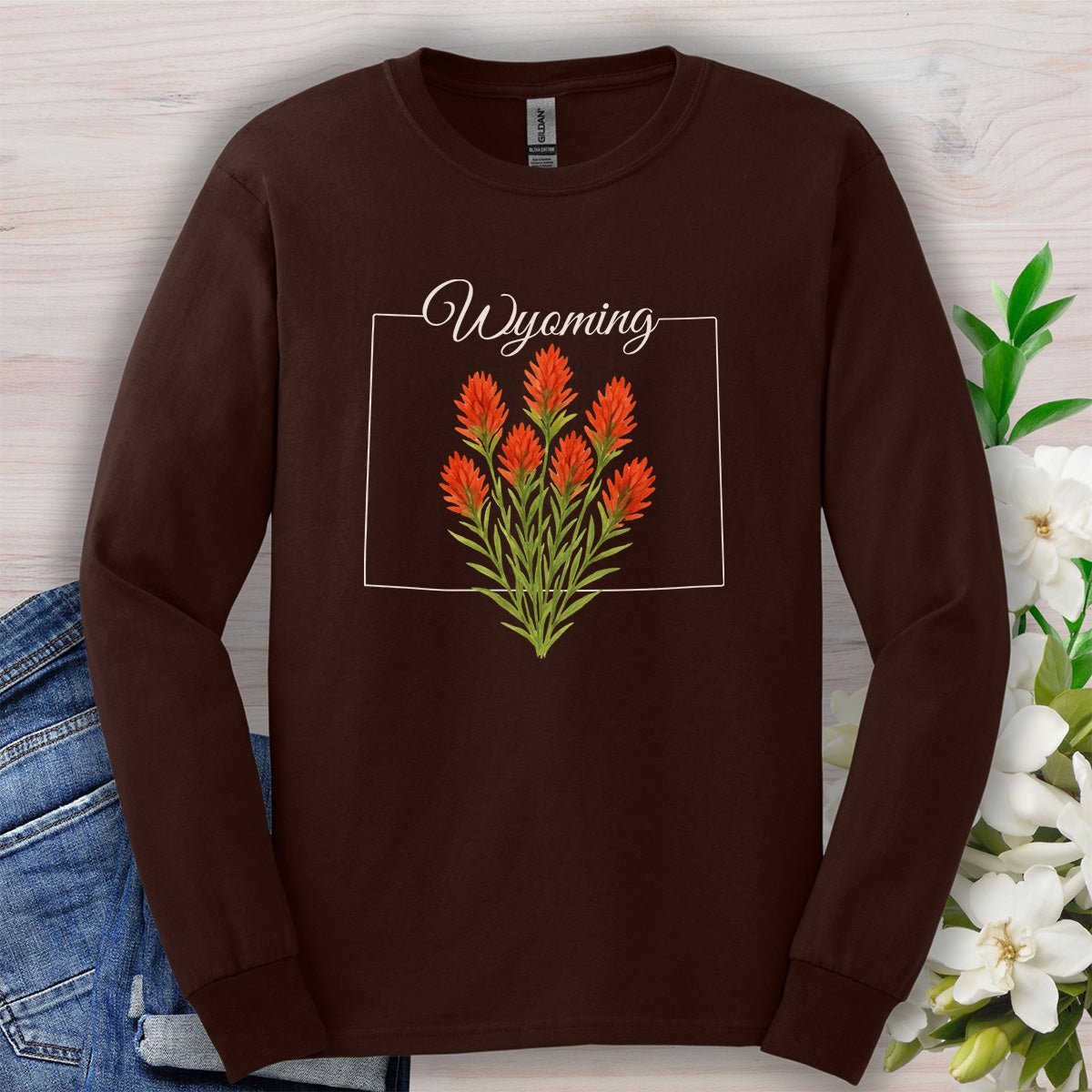 Wyoming State Flower Long Sleeve Tee - Indian Paintbrush
