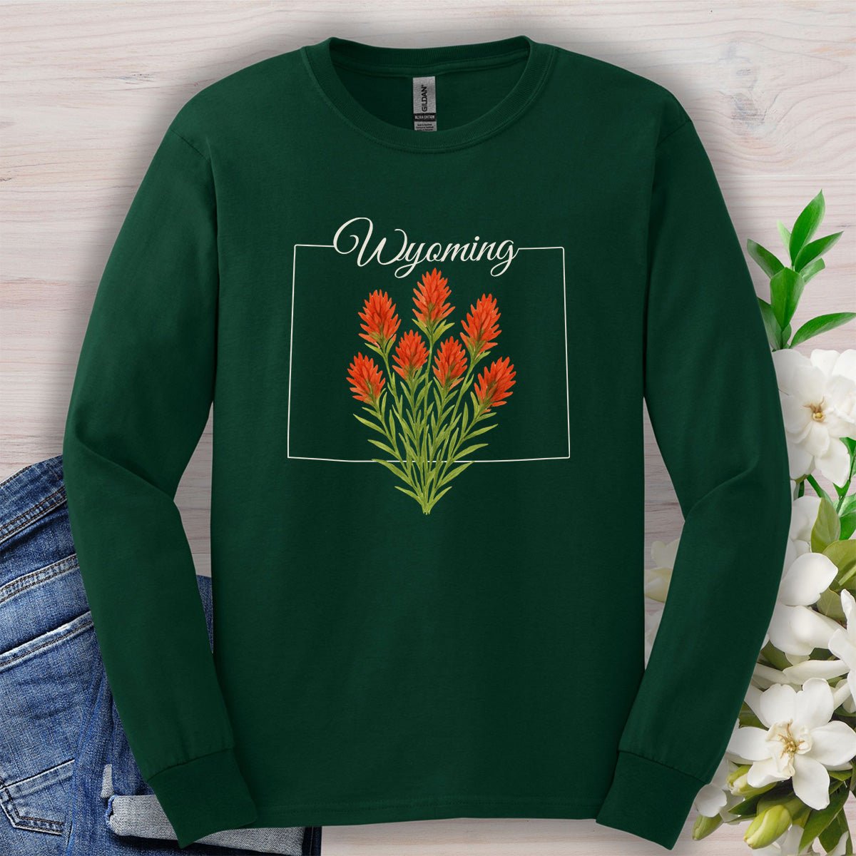 Wyoming State Flower Long Sleeve Tee - Indian Paintbrush