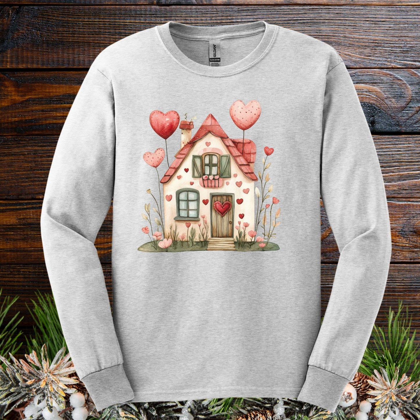 Sweet Pink and Green Valentine's Cottage Long Sleeve Tee