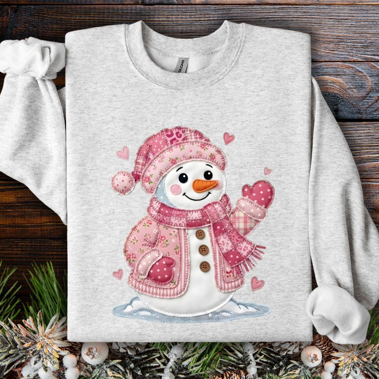 Pink Faux Patchwork Valentine's Snowman Sweatshirt