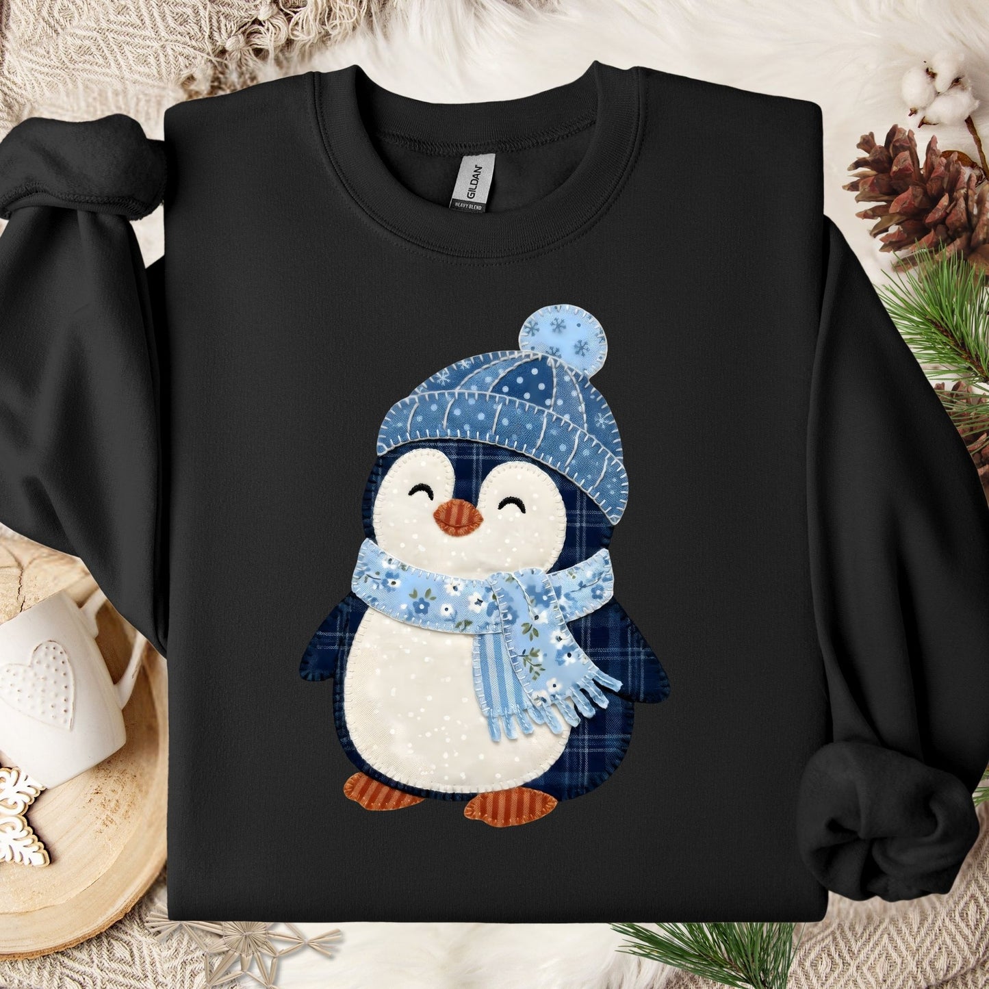 Cute Faux Patchwork Winter Penguin Sweatshirt