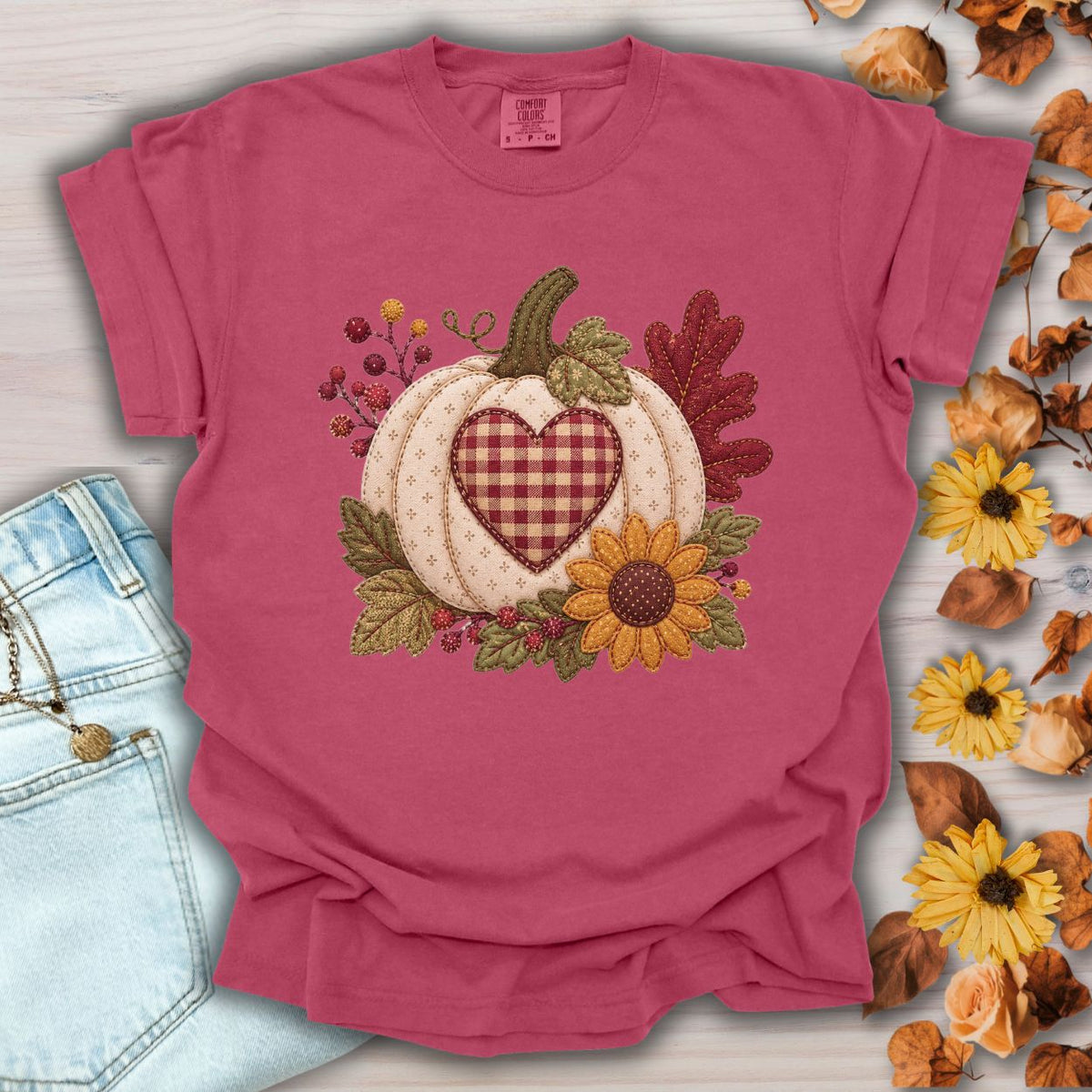Faux Patchwork Pumpkin Heart T-Shirt