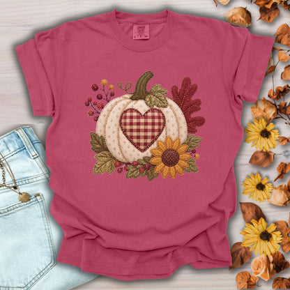 Faux Patchwork Pumpkin Heart T-Shirt