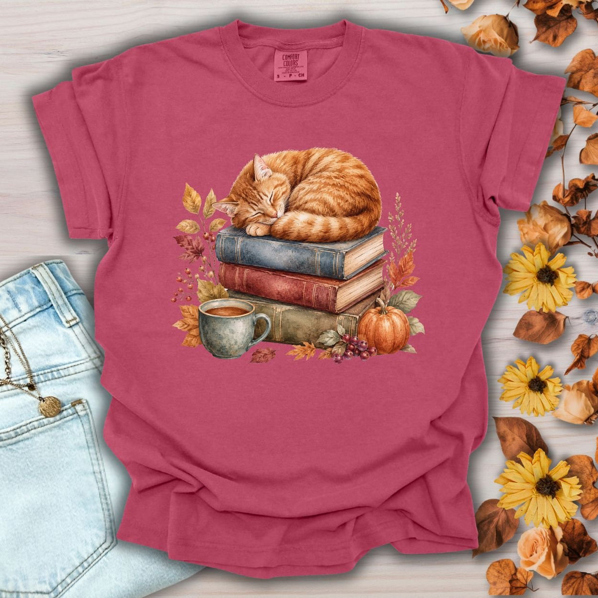 Autumn Tabby Cat & Books T-Shirt