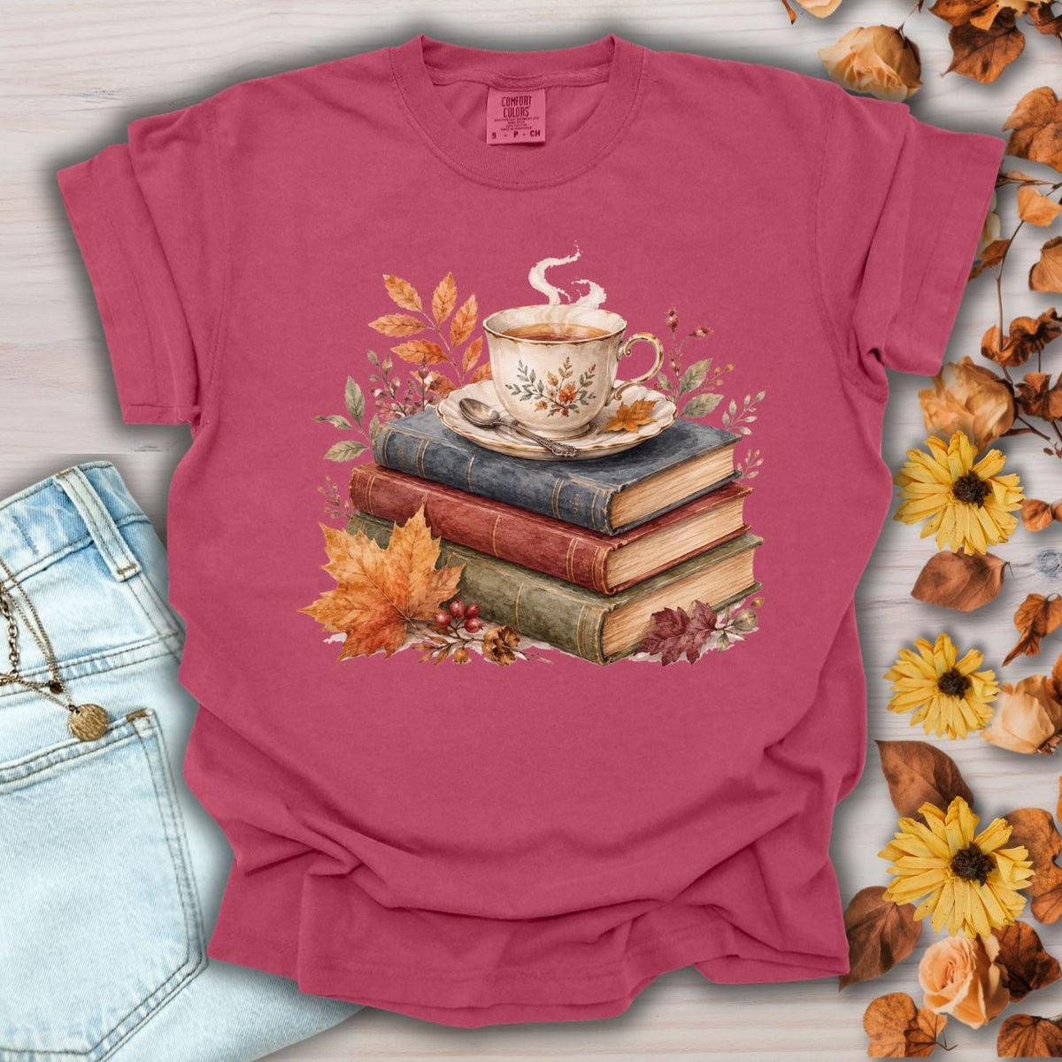Autumn Cozy Books & Teacup T-Shirt
