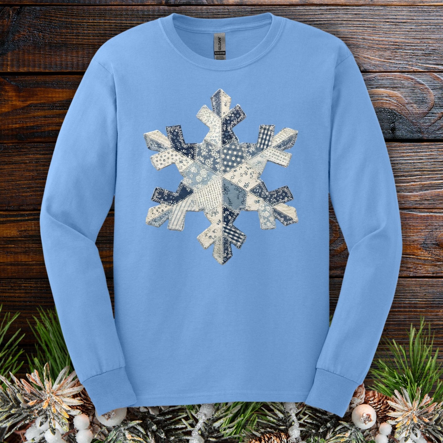 Faux Patchwork Country Snowflake Long Sleeve Tee