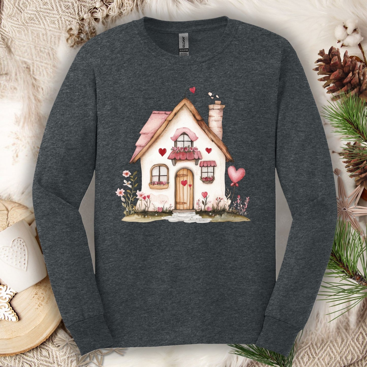 Cute Pink Valentine's Cottage Long Sleeve Tee