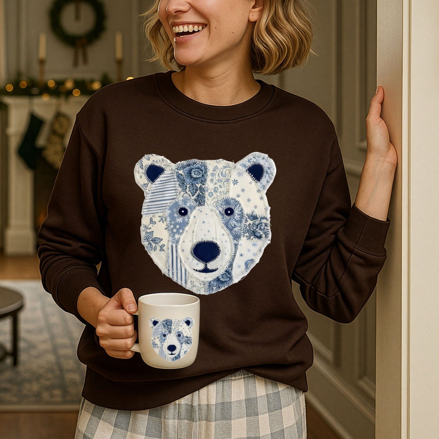Faux Patchwork Country Winter Bear Sweatshirt