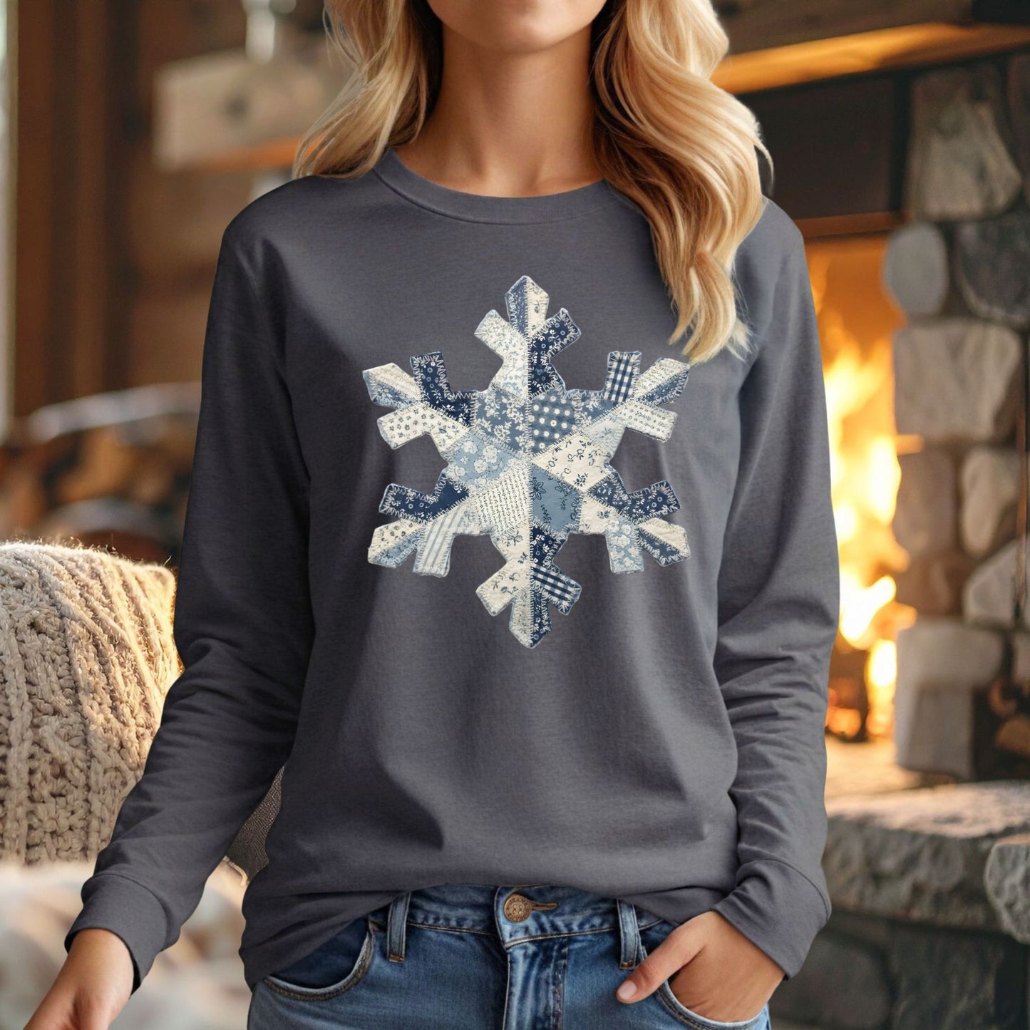 Faux Patchwork Country Snowflake Long Sleeve Tee