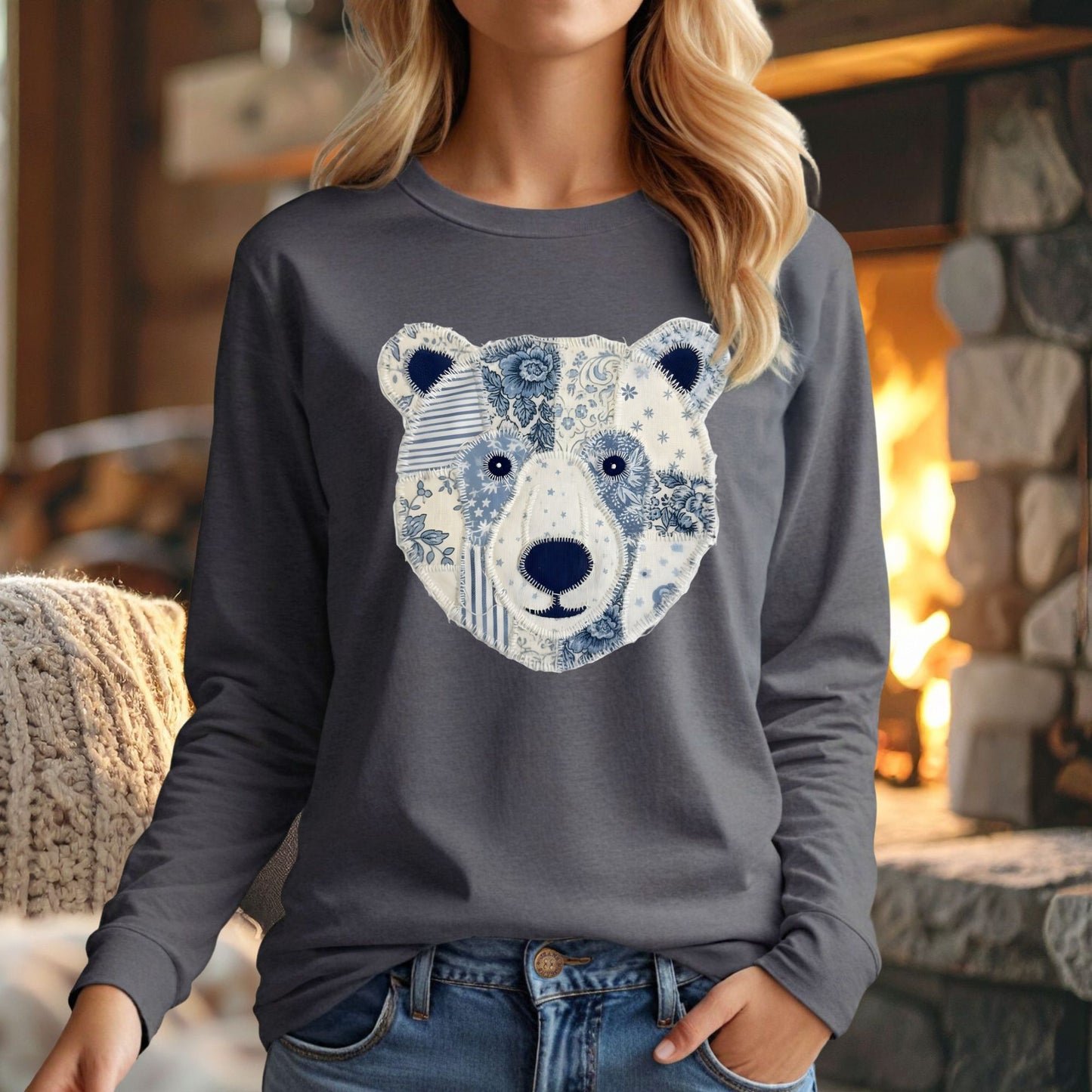 Faux Patchwork Country Winter Bear Long Sleeve Tee